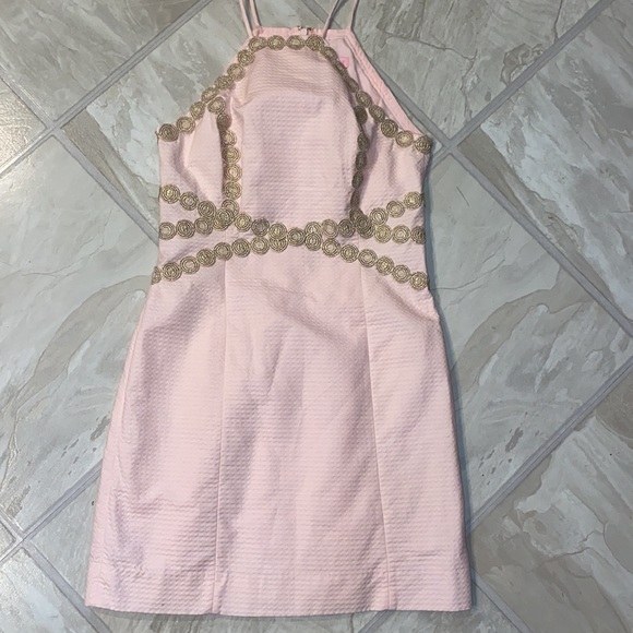 Pearl Shift Dress Paradise Tint Pink Halter Gold Lace - Picture 2 of 7
